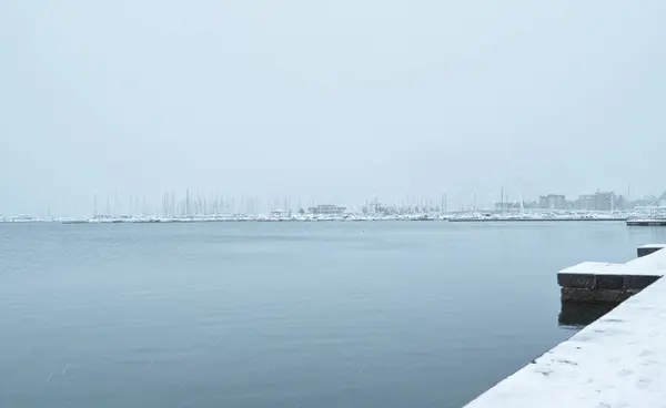 Storm of snow in the harbour of la spezia — Stock Photo, Image