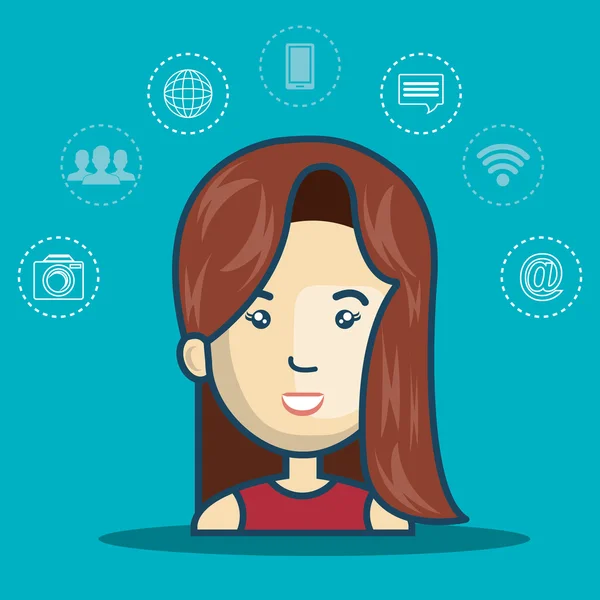 Avatar mujer con conjunto de iconos de medios — Vector de stock