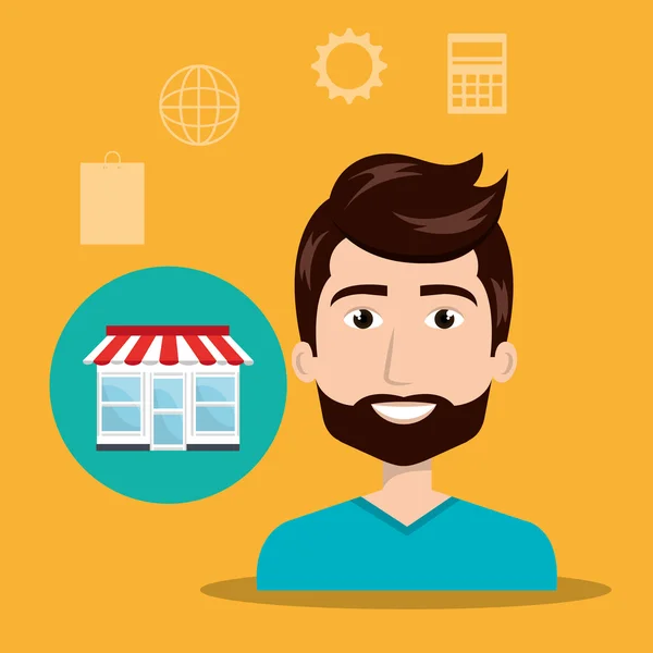 Avatar man en winkelen en e-commerce pictogram — Stockvector