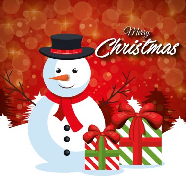 neşeli Noel kartı kardan adam kutusu hediye kırmızı arka plan ile