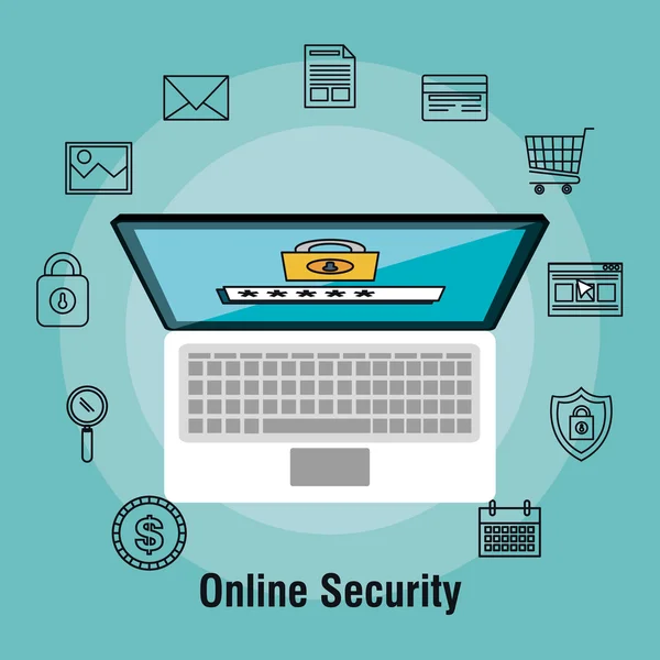 Laptop shopping online security protection data — Stock Vector