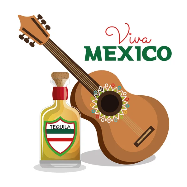 Viva México guitarra y botella tequila gráfico — Vector de stock