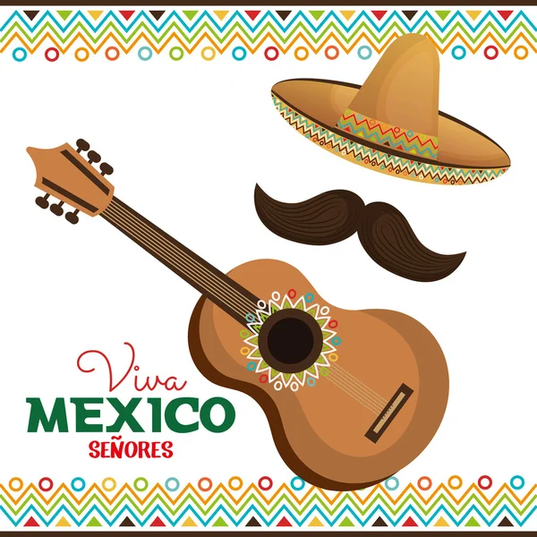 Guitarra e chapéu com bigode viva mexico — Vetor de Stock