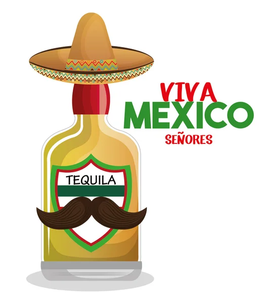 Tequila botella con sombrero y bigote mexico gráfico — Archivo Imágenes Vectoriales