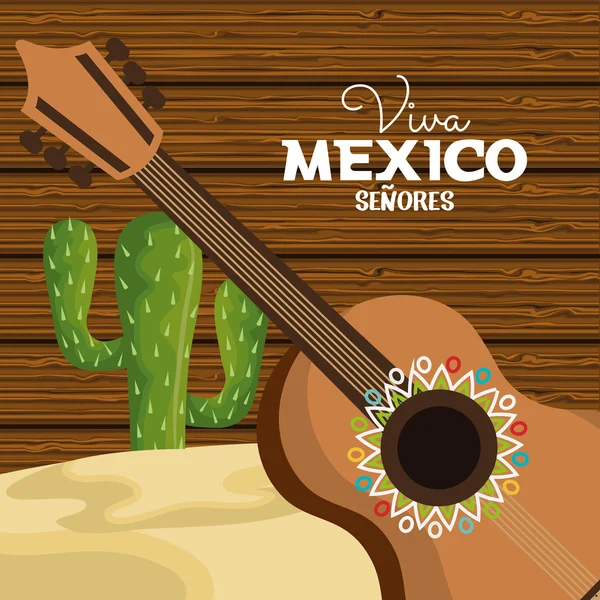 Viva mexico guitarra e cacto viva mexico gráfico — Vetor de Stock