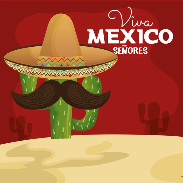 Icon viva cactus mexicain avec chapeau et moustache design — Image vectorielle