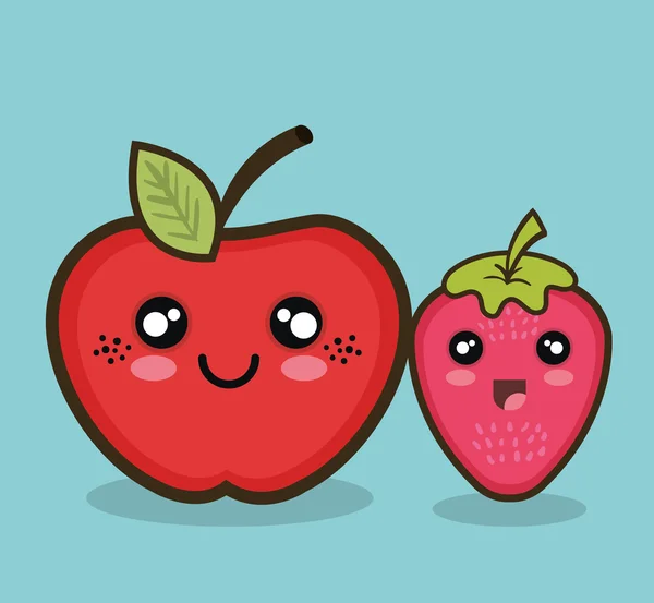 Кавайи фрукты яблоко и клубника графические изолированы — стоковый вектор