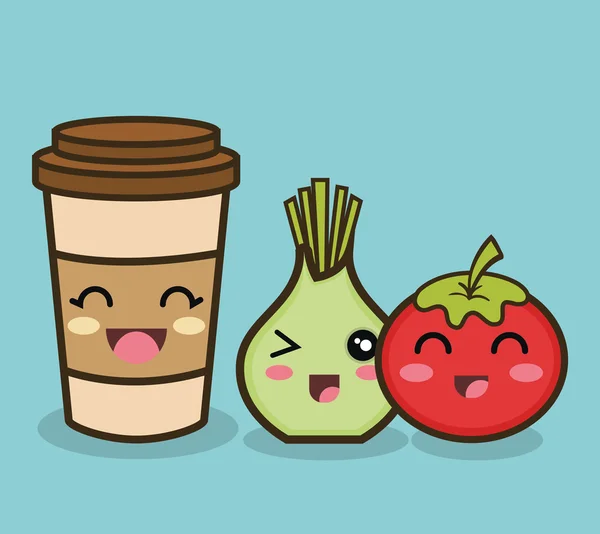 Dibujos animados cebolla tomate y taza de café diseño — Vector de stock