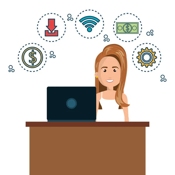 Cartoon mulher na mesa e laptop gráfico de mídia —  Vetores de Stock