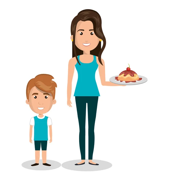 Μητέρα και παιδί με γλυκό κέικ desifn γραφικό, κινούμενα σχέδια — Διανυσματικό Αρχείο