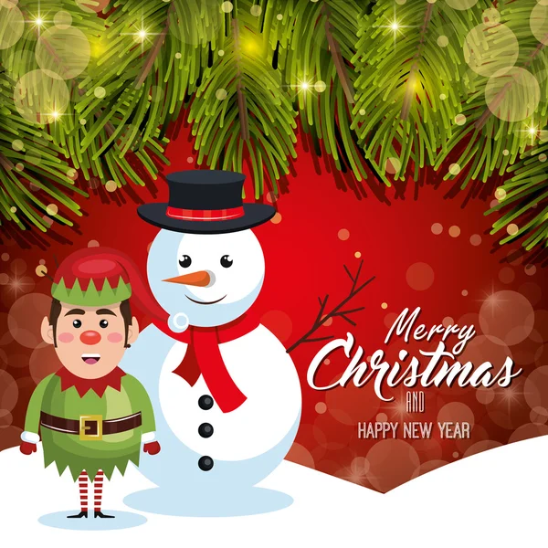 Kaart kerst met sneeuw en elf rode bakcground ontwerp — Stockvector