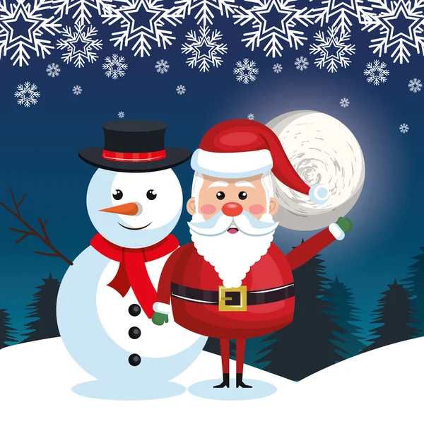 Santa and snowman landscape snow moon design — Stock Vector