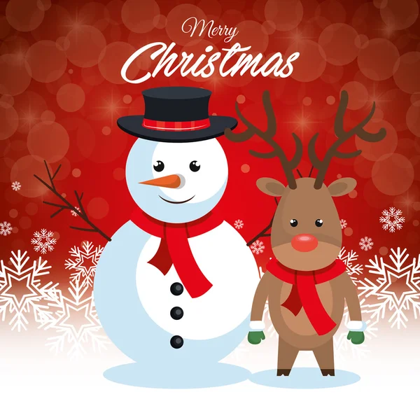 Carte postale joyeux Noël bonhomme de neige et renne flocon de neige — Image vectorielle