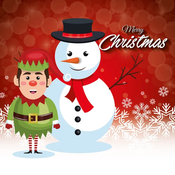Kaart vrolijk kerst sneeuwpop met elf en sneeuwvlokken — Stockvector