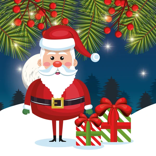 Card funny santa gift and pine night — Stock Vector