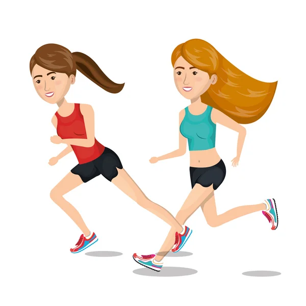 Dos chica de dibujos animados corriendo trotar icono gráfico — Vector de stock