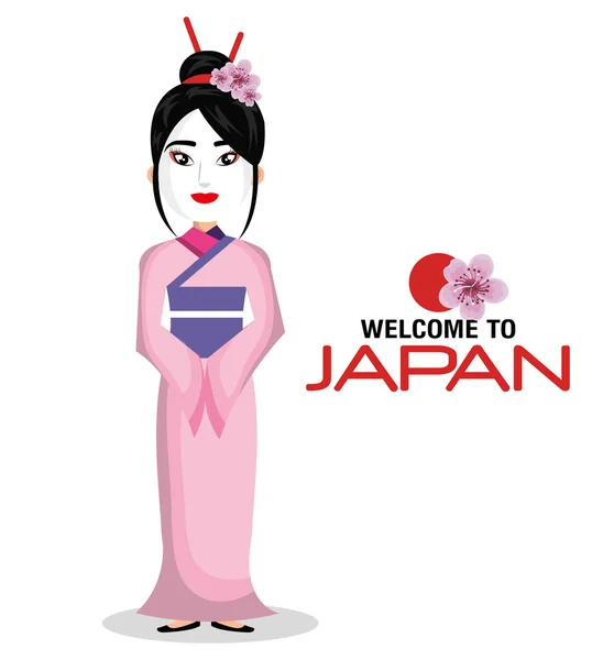 Gadis jepang kimono menyambut ikon jepang - Stok Vektor