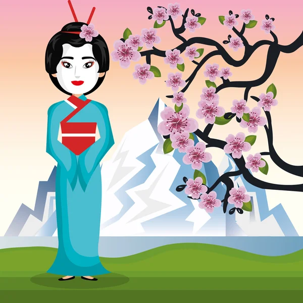 Девушка японское кимоно приветствовать икона Японии — стоковый вектор