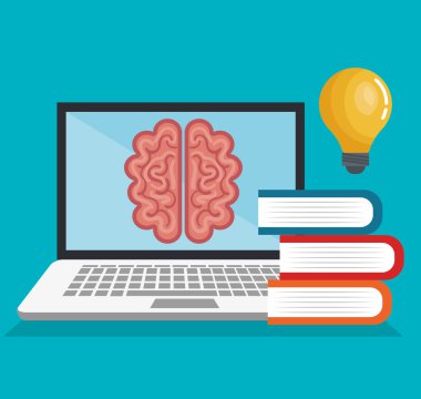 Online Eğitim, beyin zihin düşünüyorum izole mavi arka plan öğrenme