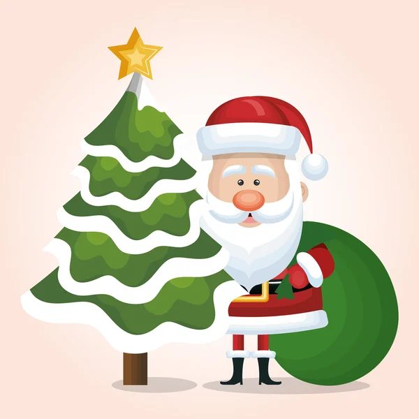 Árbol de Santa Claus Navidad y bolsa de regalo de diseño verde — Vector de stock