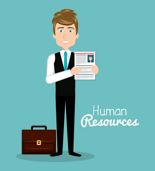 Hombre carácter con cartera y currículo recursos humanos — Vector de stock