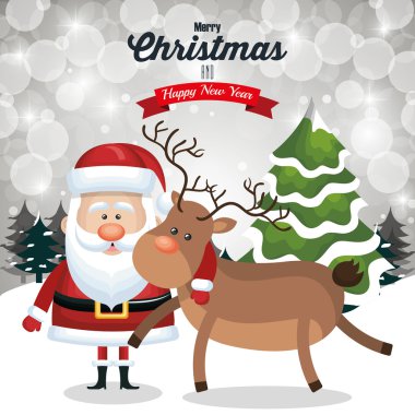Noel kartı Noel Baba ve geyik şirin ağaç kar ve peyzaj tasarım