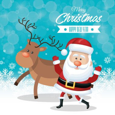 Noel mutlu ve Ren geyiği kar tanesi mavi arka plan