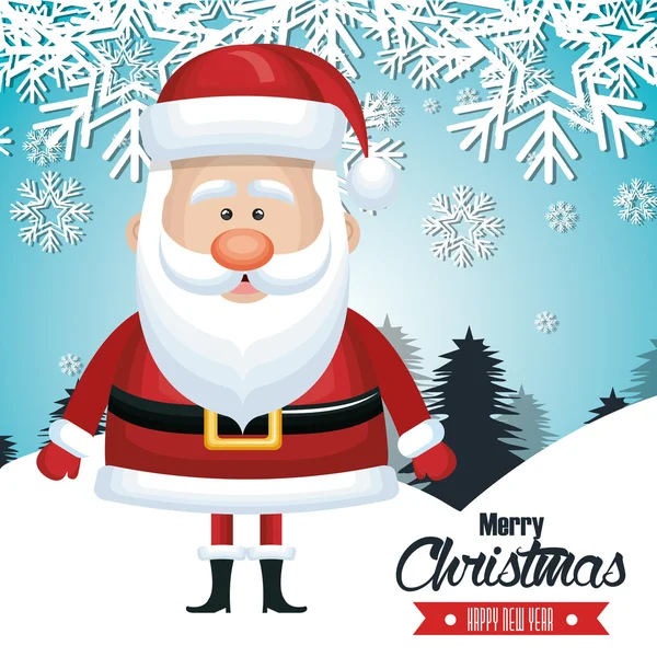 Santa Claus tarjeta feliz Navidad nevada árbol de diseño — Vector de stock