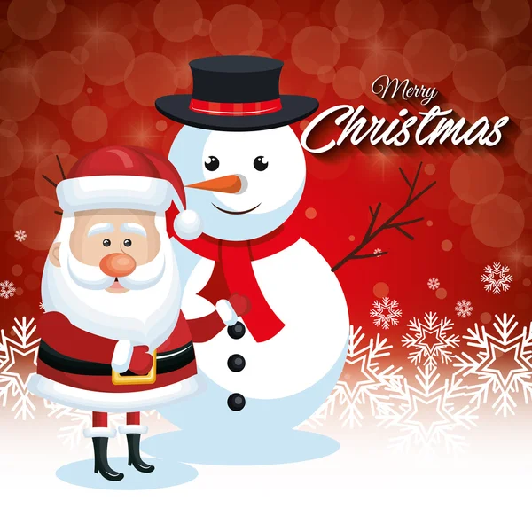 Weihnachtsmann und Schneemann Weihnachtskarte Schneeflocke roter Hintergrund — Stockvektor
