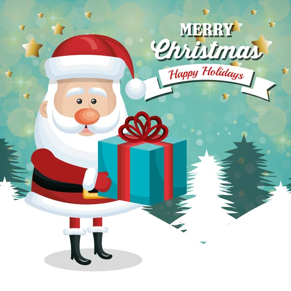 Card santa claus holding gift white landscape christmas — Stock Vector