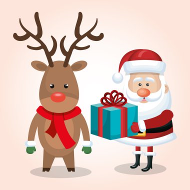 Noel kartı Noel Baba Ren geyiği ile hediye izole mavi