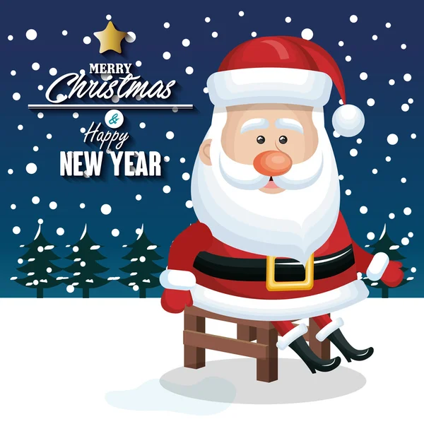 Merry christmas and happy new yaer santa claus sitting sanowfall tree design — Stock Vector