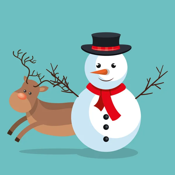 Xmas snowman reindeer with blue sky bakcground — стоковый вектор