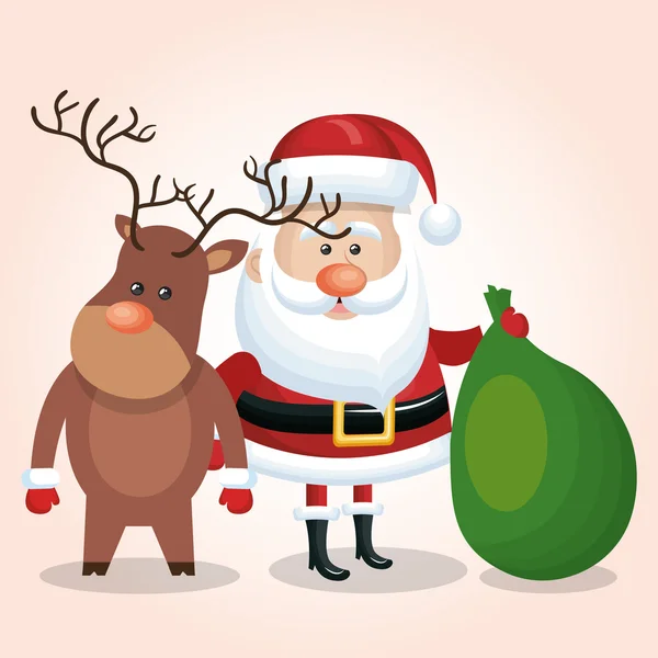 Weihnachtsmann und Rentier mit Sackgeschenk-Vektor — Stockvektor