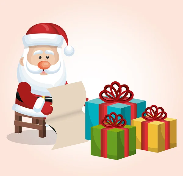 Карта Санта Клауса сидя с коробками список подарков изолированы — стоковый вектор