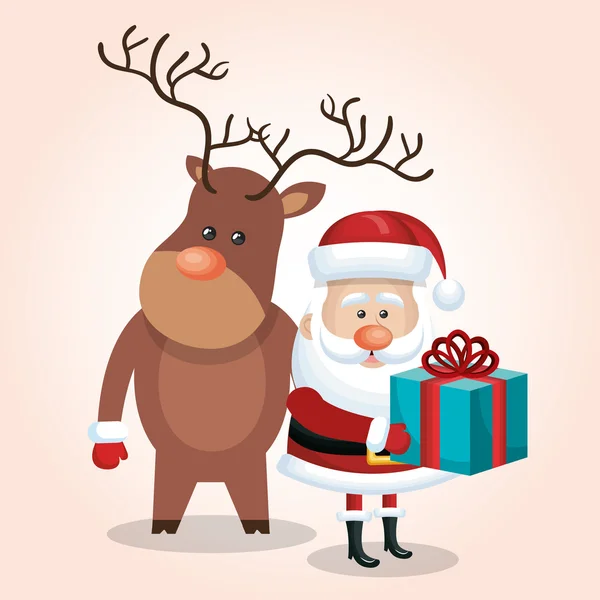 Xmas card santa claus with gift and deer design graphic — стоковый вектор