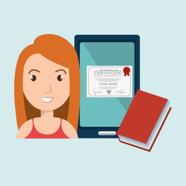 kadın öğrenci tablet kitap diploma