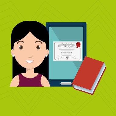 kadın öğrenci tablet kitap diploma