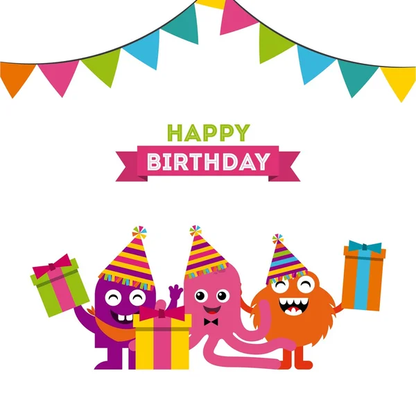 Monster characters in birthday party — Stock Vector