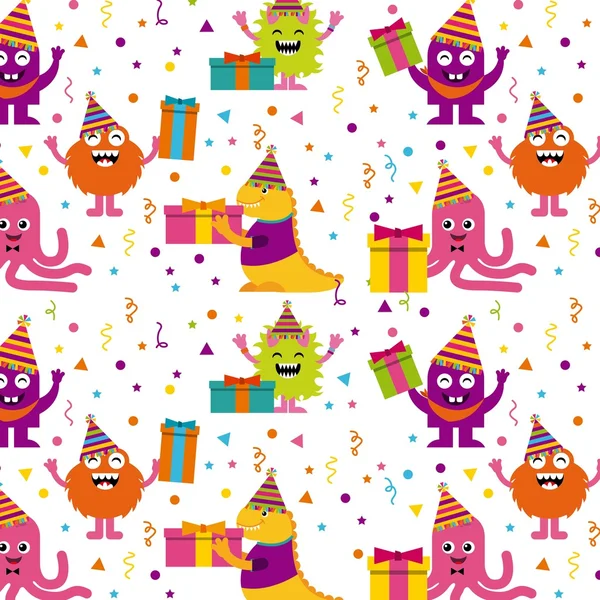 Monster characters in birthday party — Stock Vector