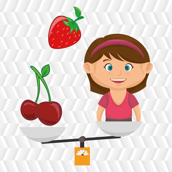 Dibujos animados chica comida fruta equilibrio — Vector de stock