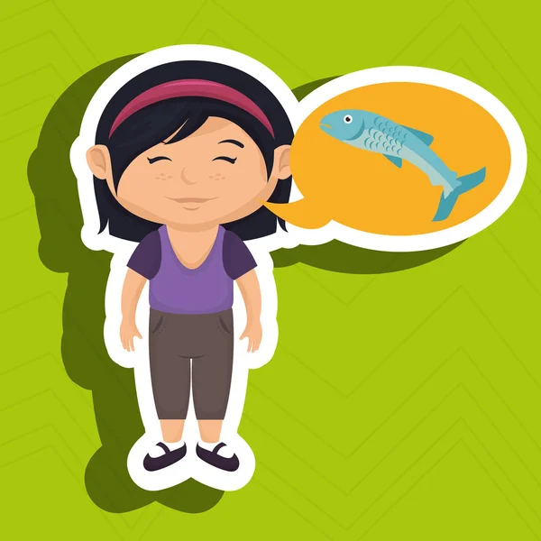 Chica de dibujos animados alimentos pescado fresco — Vector de stock