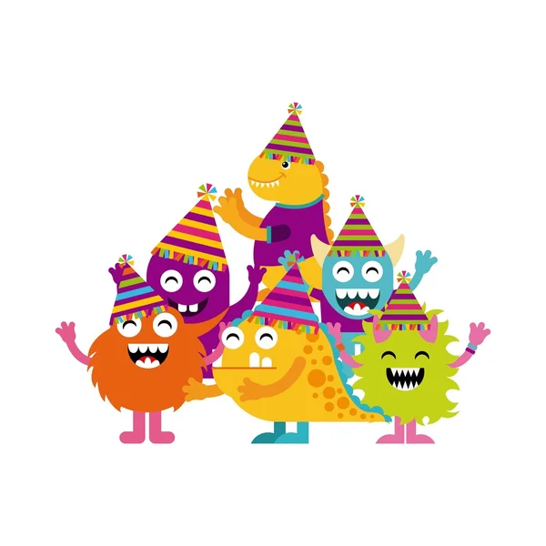 Monstruo personajes en fiesta de cumpleaños — Vector de stock