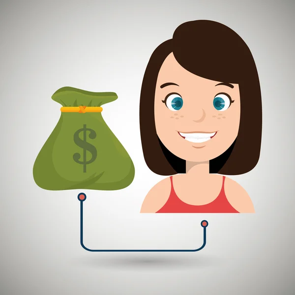 Mujer de dibujos animados bolsa de dinero dólar — Vector de stock
