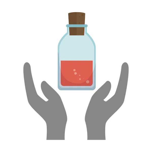 Mãos com garrafa de química — Vetor de Stock