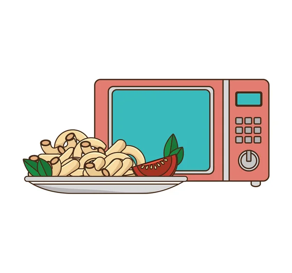 Horno microondas con plato de macarrones — Vector de stock