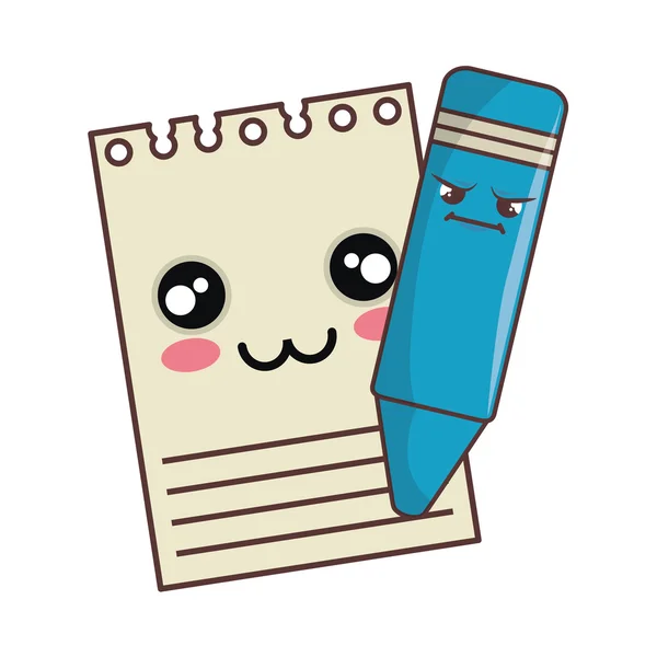 Bloco de notas e lápis de cor kawaii desenhos animados — Vetor de Stock