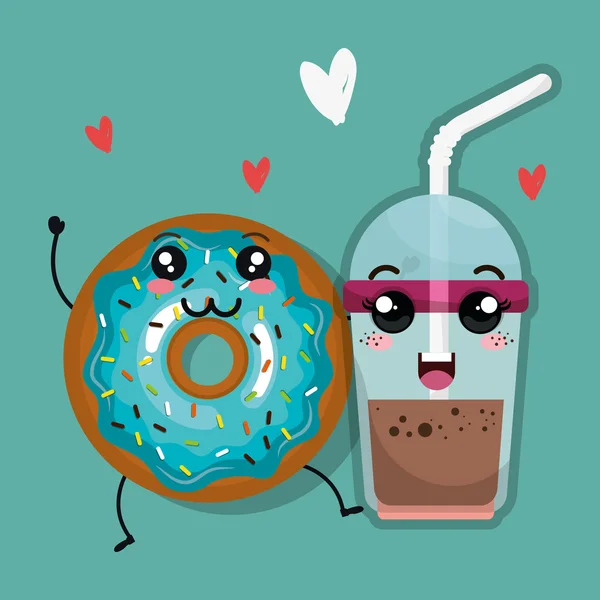 Donut y café kawaii dibujos animados — Archivo Imágenes Vectoriales