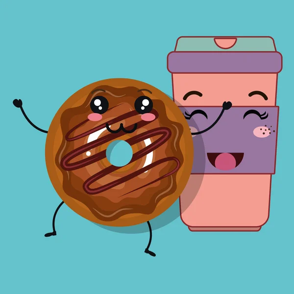 Карикатура на пончики и кофе кавайи — стоковый вектор