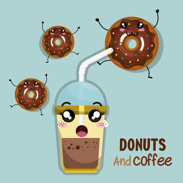 Donut y café kawaii dibujos animados — Vector de stock